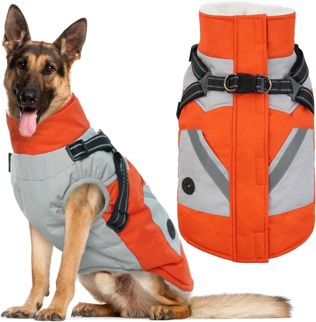IECOii Dog Coat for Large Dogs, Orange, X-Large - Waterproof Winter Fleece Jacket with Harness, Turtleneck, Reflective Straps, Zipper Closure (X-Large(Chest:29.9 in))