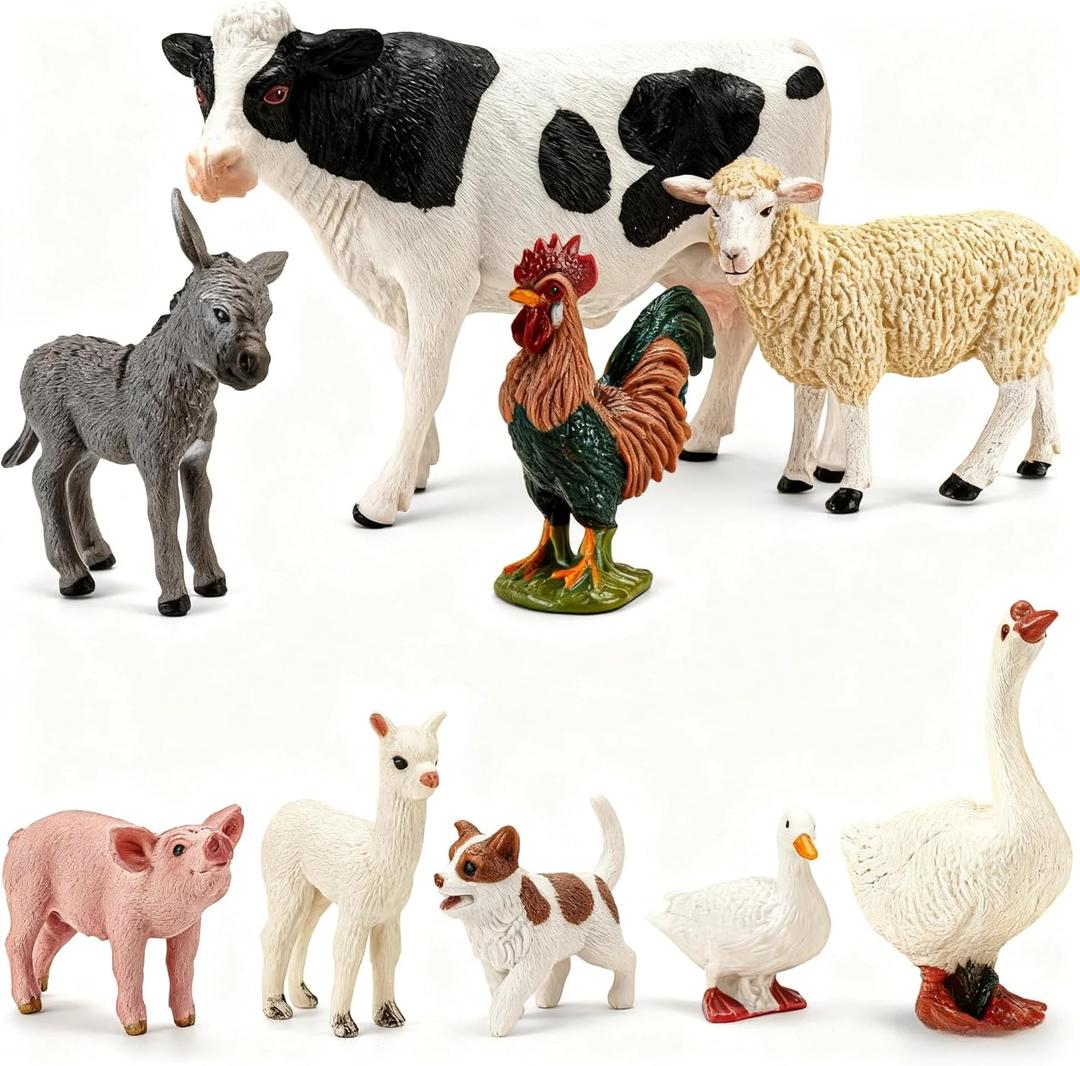 THINKBAY 9PCS Realistic Farm Animal Toys for Toddlers, Educational Learning Plastic Farm Toy Animal Figure Set Playset Including Cow Sheep Pig Dog Figurines for Kid