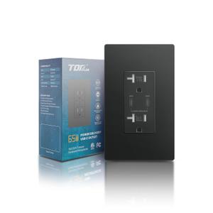 65W USB C Outlet Receptacle for Laptop, Power Delivery 20 Amp Wall Outlet with Type C Ports, Ultra-Fast Tamper Resistant USB Outlet, Wall Plate Included, ETL Listed, Black