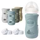 4 Pack Silicone Sleeves for Philips Avent Natural Glass Bottle, Food Grade Silicone Cover and 4pcs Travel Caps, Lids Replacement (Dark Blue+Dark Green+Grey+Beige, 8oz)
