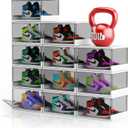 Thicken & Sturdy Clear Shoe Storage Organizer with Magnetic Door,12 Pack Stackable Boxes for Closet, Foldable Space-Saving Shoe Rack for Sneaker Boot Container, Plastic Shoe Box, Fits US Size 13