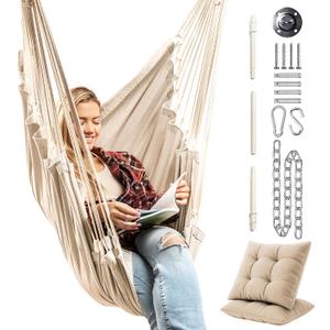Hanging Hammock Chair Swing – Hanging Chair Outdoor & Indoor - Hammock Swing Chair – Quick & Easy Setup with Hardware Kit – Durable & Spacious Full Body Support with 2 Plush Cushions – Holds 440 Lbs