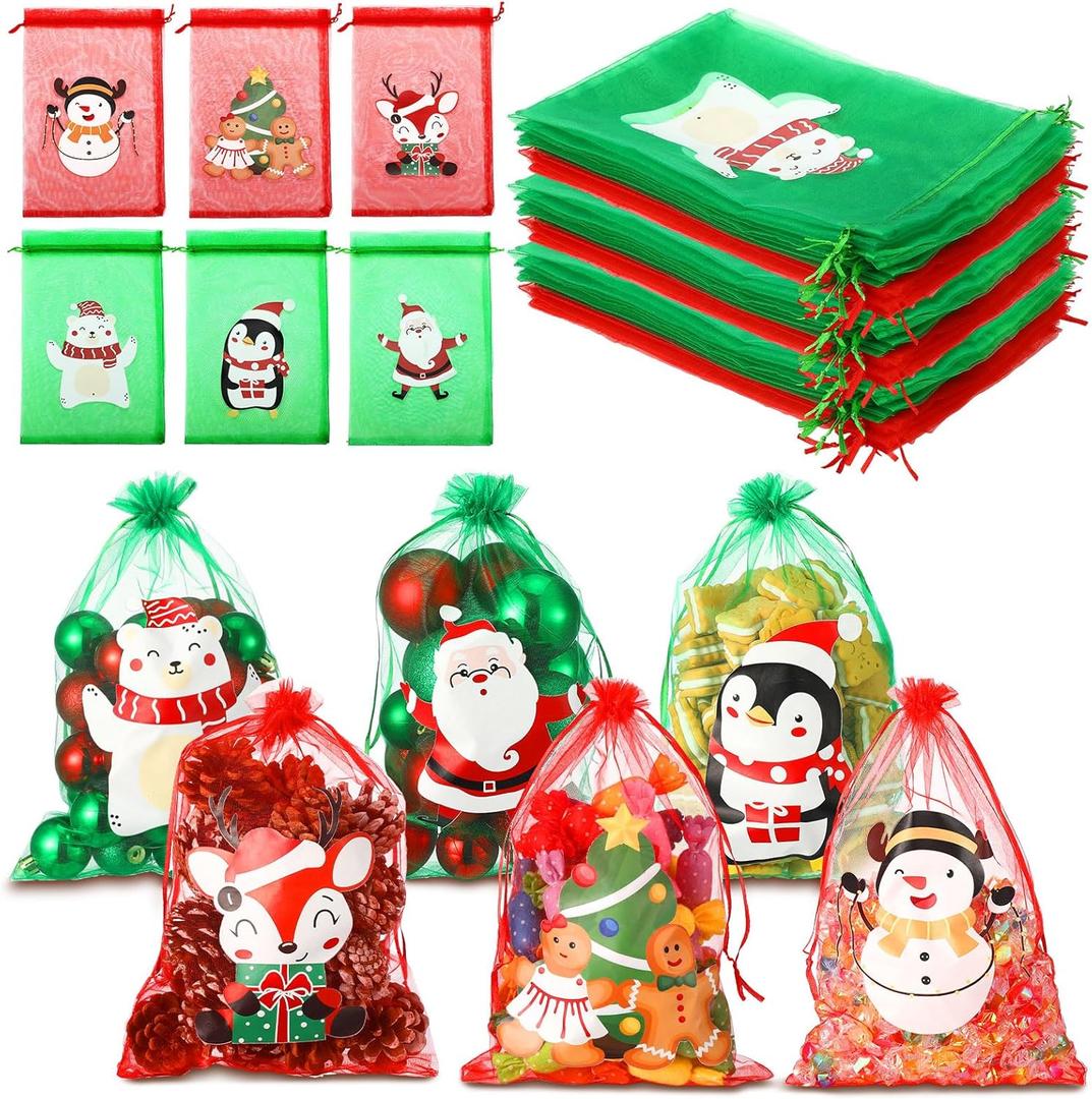 Wesnoy 24 Pcs Christmas Organza Bags 8x12 Inches Large Santa Snowman Gingerbread Man Drawstring Gift Bags Christmas Snack Treat Goodie Jewelry Candy Pouch for Xmas Holiday Wedding Party Favor