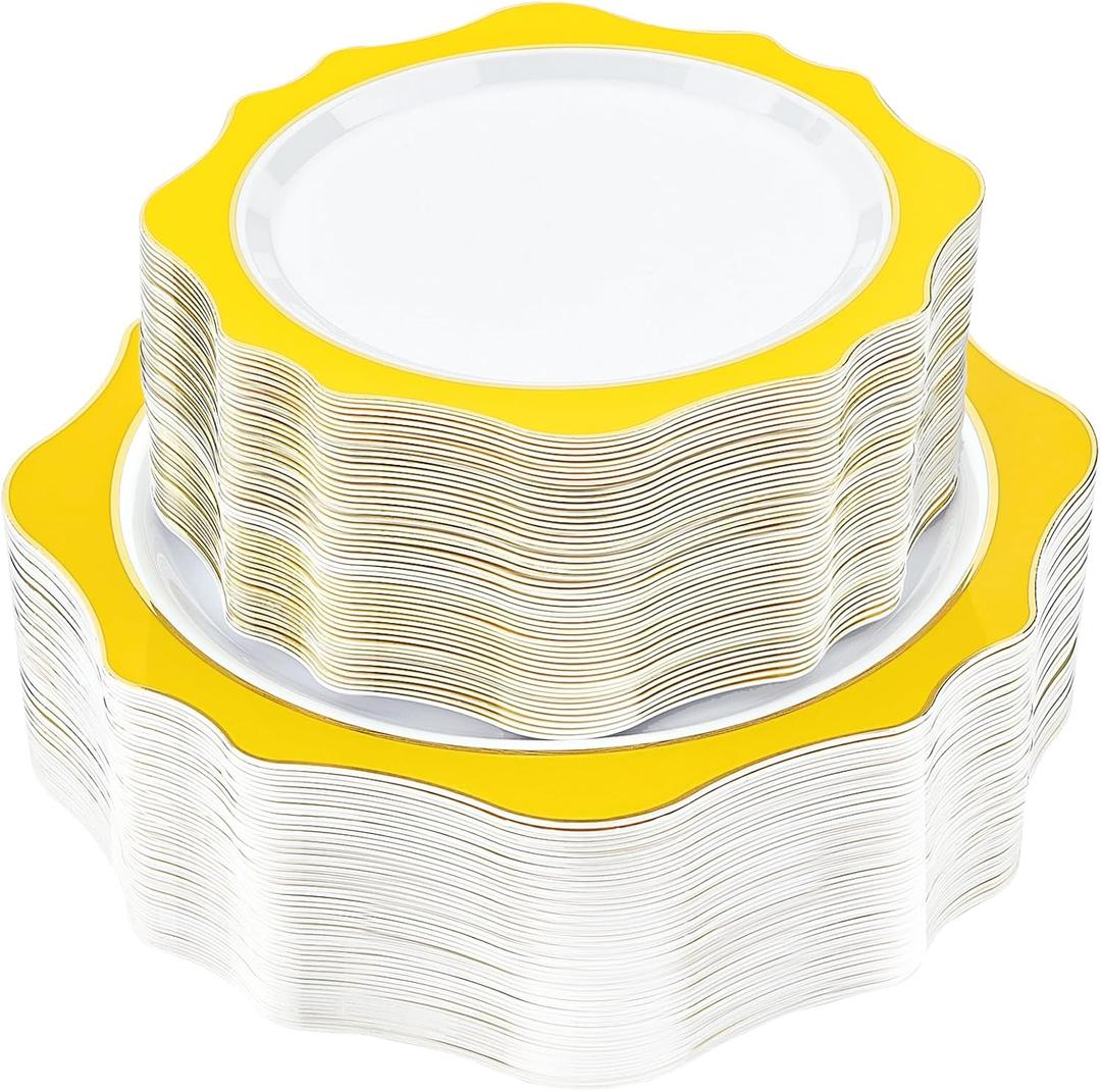 realluck 100 PCS White and Yellow Disposable Plates for 50 Guests, Scalloped Plastic Plates Include 50 Dinner Plates and 50 Dessert Plates for Party, Wedding