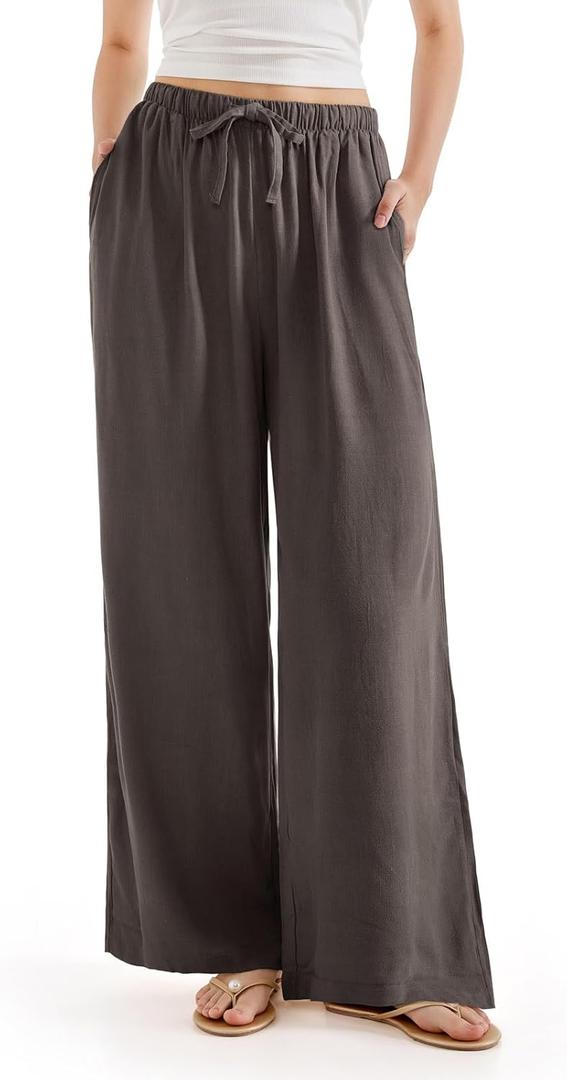 SUUKSESS Women Wide Leg Linen Pants with Pocket High Waisted Lounge Palazzo Pant (Medium, Brown)