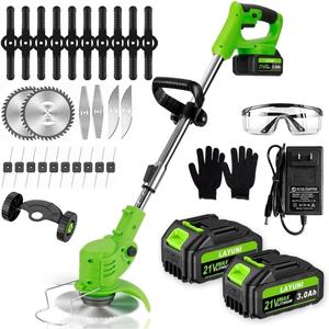 Cordless Weed Wacker with Wheels, 880W Electric Weed Eater with 2 x Batteries, 3-in-1 Battery Powered Grass Trimmer/Brush Cutter with 5 Types Saw Blades, Lightweight for Lawn & Garden