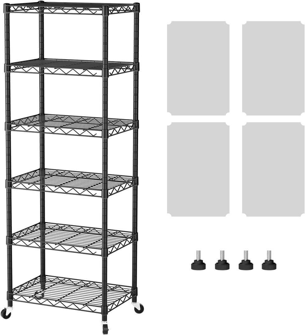 SINGAYE 6 Small Shelf Storage Wire Shelves Closet Bathroom Organizers Metal Pantry Kitchen Garage Shelving Unit Laundry Room Organization Home Narrow Rack Net Basket with Wheels Black, 6Tier/11.5"D X 17.5"W X 61.5"H