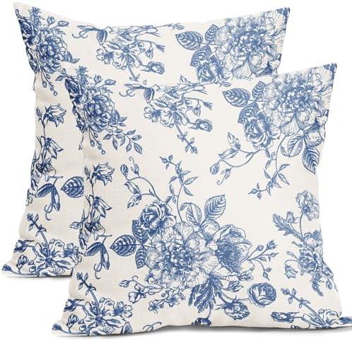 Blue Floral Pillow Covers 20x20 Inch Vintage Flower Blue White Decorative Throw Pillow Covers Set of 2 Chinoiserie Pillowcases Cotton Linen Square Cushion Covers For Couch Bed Sofa Chair Car Decor