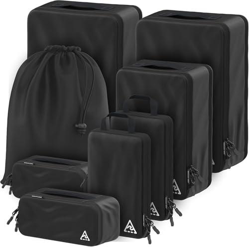 Well Traveled 8 pcs Compression Packing Bags Cubes Set with HybridMax Double-Capacity Design - Packing Cubes for Travel Compression to Maximize Limited Luggage Space, Black