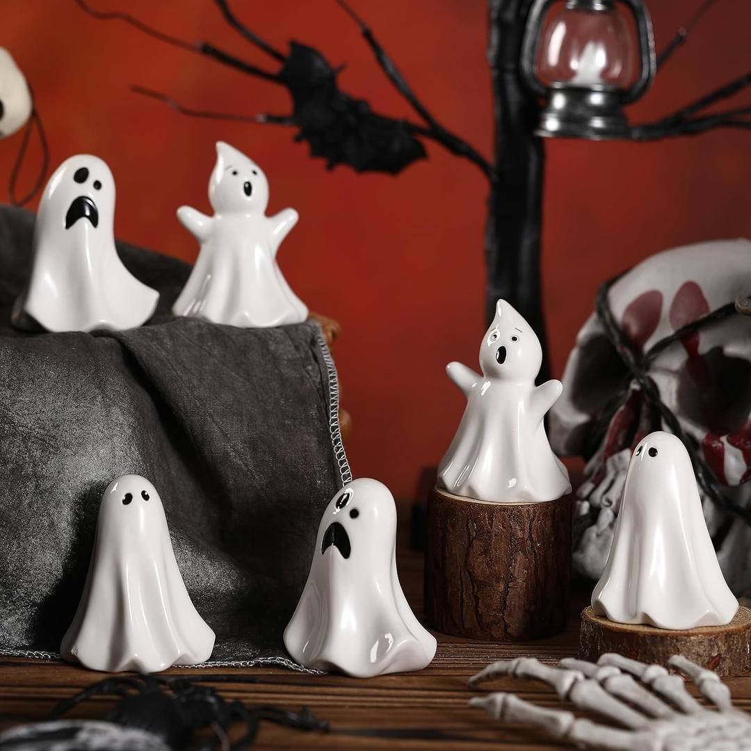 Domensi 6 Pcs Ghost Decor Ceramic White Figurines Ghost Statue Spooky Halloween Decor Scary Statue Decoration Cute Sculpture for Gift Props Home Tabletop Decorations(Classic)