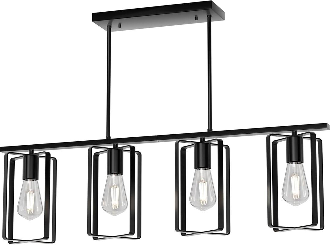 4-Lights Farmhouse Kitchen Light Fixtures Over Island, Adjustable Height Dining Room Chandelier Over Table with Flexible Shade, Hanging Pendent Lighting Over Bar, Black