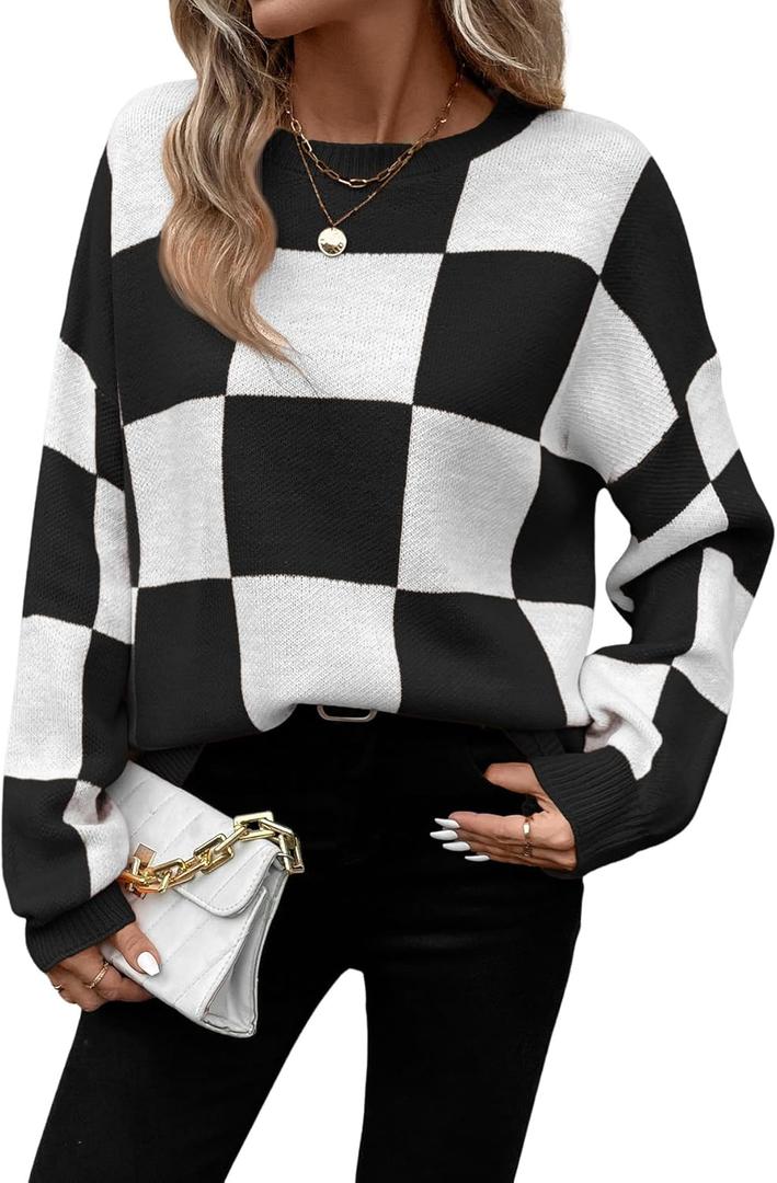 SHENHE Women's Checkered Color Block Oversized Sweater Plaid Crew Neck Drop Shoulder Pullovers Size L