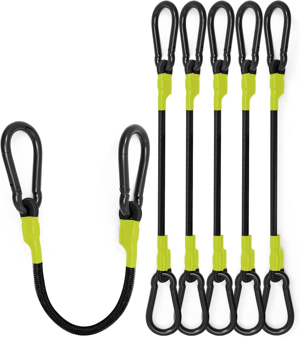 8 Pcs 12 Inch Heavy Duty Carabiner Bungee Cord Outdoor with 190 Lbs Max Break Strength, Black/Yellow Bungee Straps with Upgraded Carabiner Hooks for Luggage Rack, Cargo, Hand Carts, Bike, Camping, etc