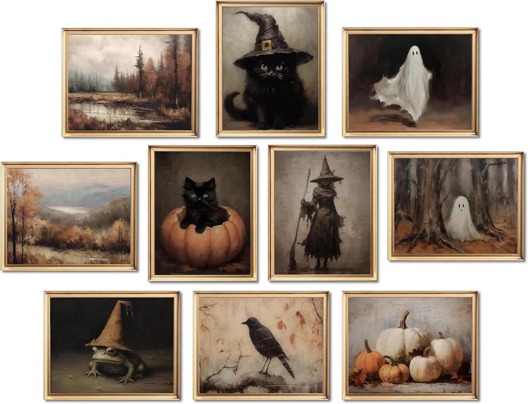 Vintage Halloween Wall Art Posters Prints Set of 10  Gothic Witchy Canvas Decor, Dark Academia Ghost Black Cat Crow Art Picture Poster for Living Room Gallery Bedroom 12x16 inch
