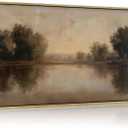 Framed Vintage Landscape Wall Art, Neutral Earthy Tone Lake and Trees Canvas Print, Retro Serene Nature Wall Decor for Living Room Bedroom Office, Ready to Hang, 48"L x 24"W