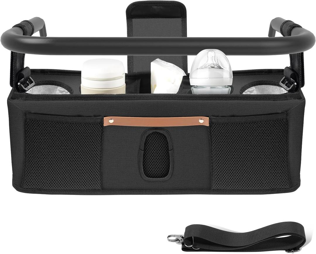 Parent Console Stroller Organizer Compatible with Wonderfold W4: Store Extra Belongings , Velcro Straps, 2 External Storage Pouches,4 Insulated Cup Holders, Large Size for All 4-Seater Models