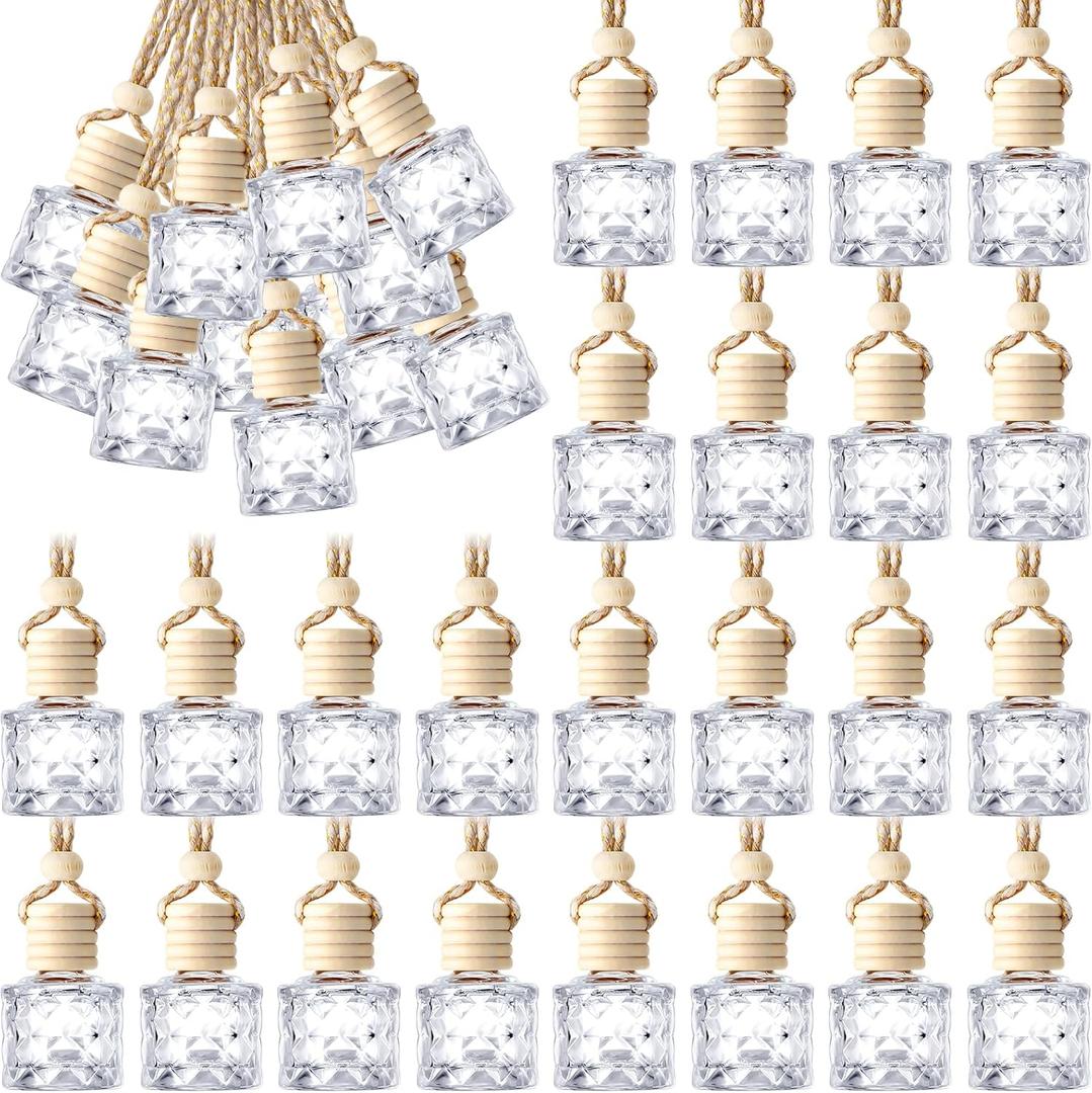 BBTO 50 Pcs Hanging Car Air Freshener Car Diffuser Bottles Empty Glass Perfume Bottle Freshener Diffuser Bottle Pendant for Essential Oil Fragrance Aromatherapy Bottle Ornament(Diamond)