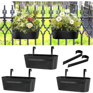 3 Pack Railing Planter, 17 Inch Hanging Planters for Outdoor Plants, Metal Fence Planters, Balcony Planter with Detachable Hooks Drainage Holes for Garden Yard Home Countryside Decor