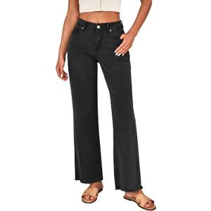 LookbookStore Wide Leg Jeans for Women Trendy High Waisted Straight Leg Frayed Hem Baggy Stretchy Denim Trousers Pants, 2XL 