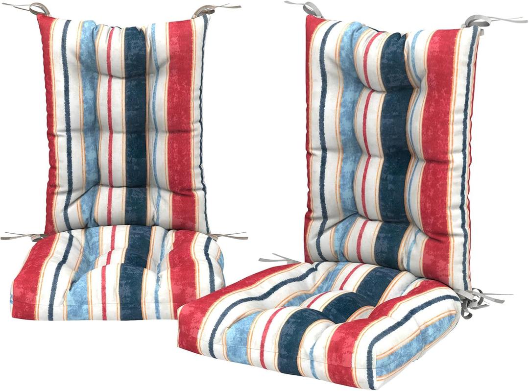 Set of 2 Rocking Chair Cushions for Outdoor/Indoor Use,Water Resisitant Tufted High Back Chair Pads for Patio,Porch,Balcony Rocker and Adirondack Furniture - Stripe Red Blue