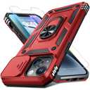 Janmitta Case for iPhone 11 Phone Cover Built in Slide Camera Lens Cover+Screen Protector,Heavy Duty Shockproof Full Body PhoneCase with Finger Ring Holder Kickstand,Red