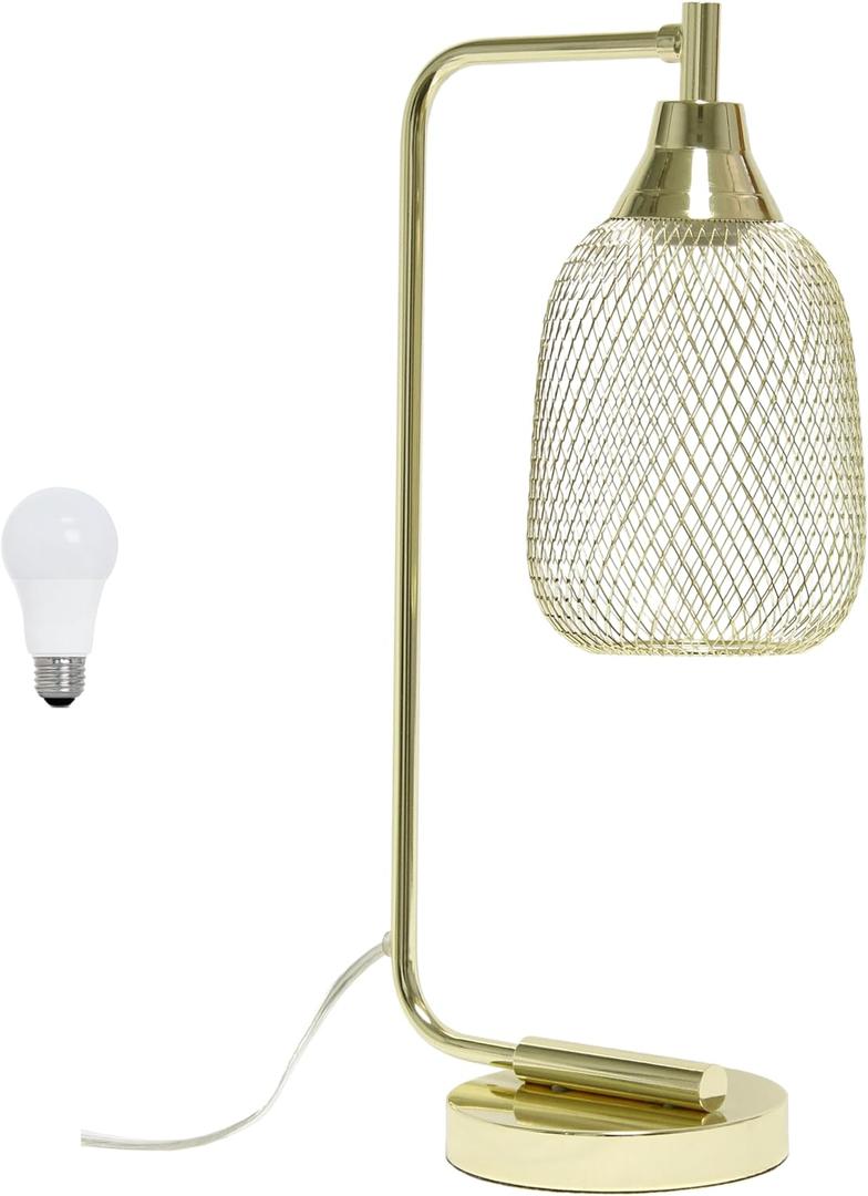 Elegant Designs LD1060-GLD-LB 19" Industrial Mesh Wire Desk Lamp with LED Bulb, Gold