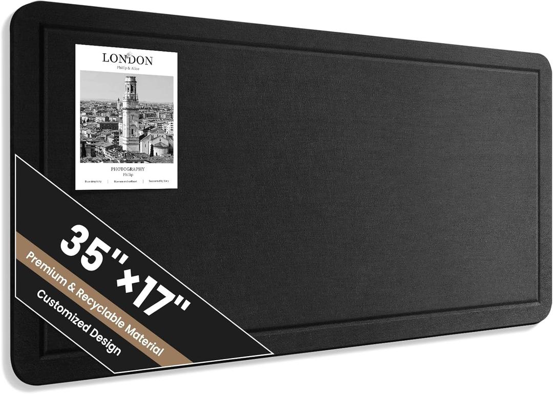 Large Bulletin Board, 35 X 17 Inches Felt Cork Board with 40 Pushpins, Foldable Felt Notice Pin Board Photo Display Board with Self-Adhesive Tape for Office Home School (Black)