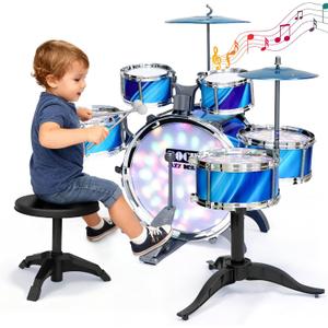 Kids Drum Set with Lights: 6 Piece Jazz Drum Kit for Toddlers Ages 3-5, Plastic Musical Instrument Toy for Kids 3+, Early Learning Gift for Boys and Girls 3-8