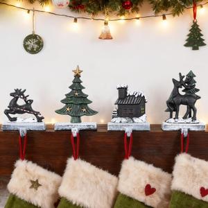 Stocking Holders for Mantle 3D Christmas Stocking Holder Heavy Duty Cast Iron Garland Hangers for Mantel with Non-Slip Base | Xmas Decor, Sturdy Fireplaces Hook (Set of 4),Set of 4-Tree&Cottage&Deer&Reindeer