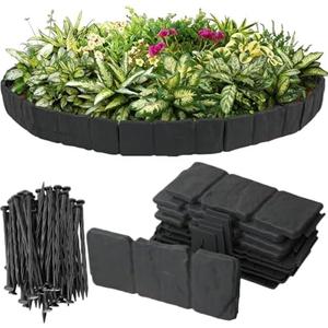Garden Edging 30pcs, 4IN Tall Plastic Landscape Edging Borders (Total 24FT) | Garden Mini Fence with 30pcs Anchoring Spikes, Stone-Like Textured Small Garden Fence for Flowerbeds, Yard, Pathway, Black