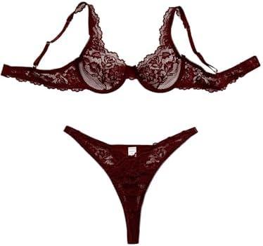 Foxiny Sexy Scallop Floral Lace Mesh Sheer Underwire Lingerie Set 2 Piece M