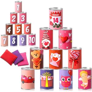 Libima 13 Pcs Valentines Day Game Carnival Party Bean Bag Toss Sturdy Knockdown Outdoor Can Party Game with 10 Tin Cans and 3 Bean Bags for Outdoor and Indoor(Pink)
