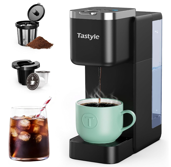 Tastyle Single Serve Coffee Maker, Iced and Hot Coffee Machine for K Cup & Grounds, Compact Design, 40oz Removable Water Reservoir, 6 to 24 Oz Brew Sizes, Fits 7.3" Travel Mug, Gray
