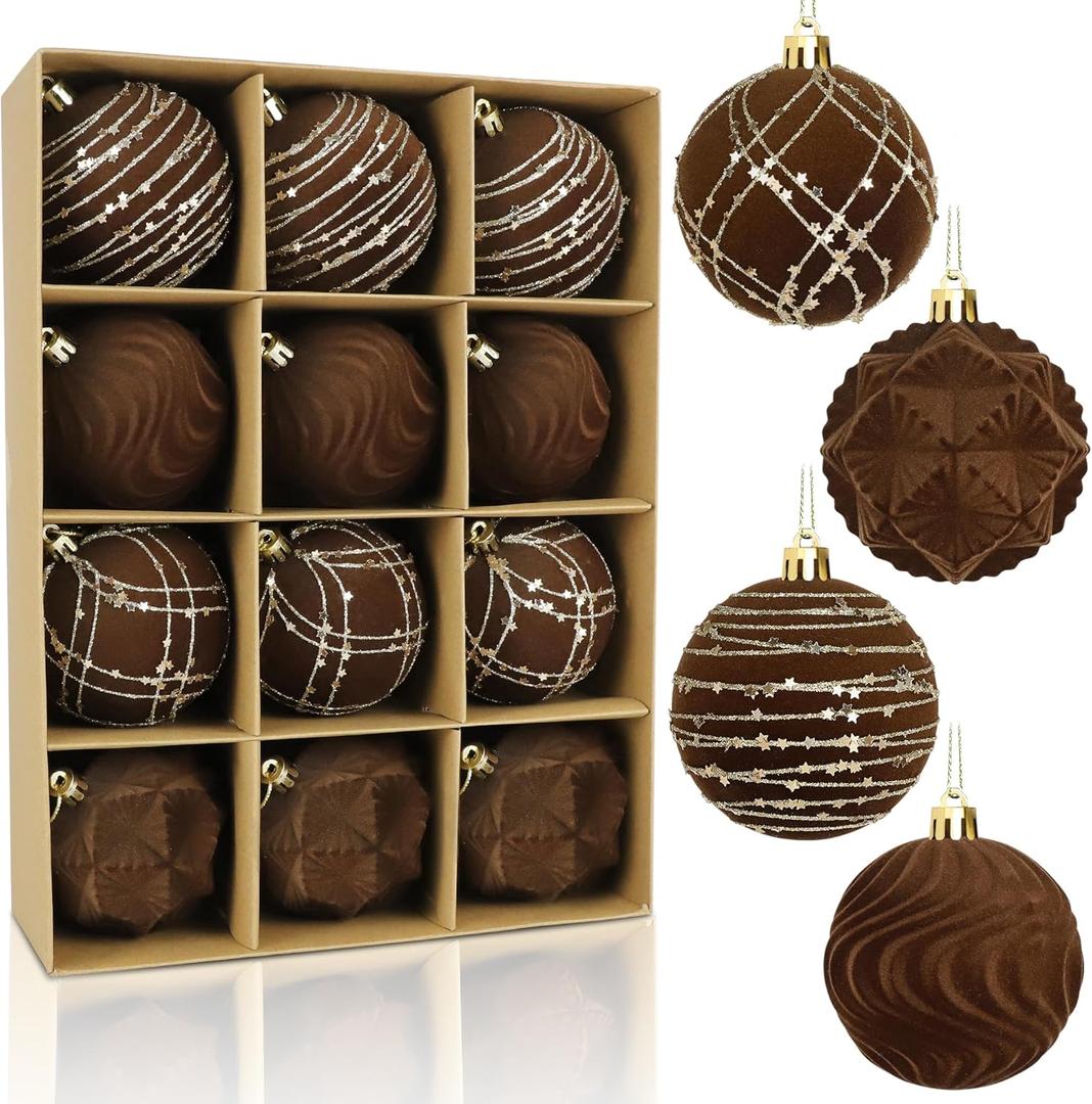 Tifeson 12pcs Velvet Christmas Balls Brown 3.15inch Flocked Shatterproof Hanging Ball Ornaments Christmas Tree Decorative Ornaments for Xmas Holiday Festival Party Decor