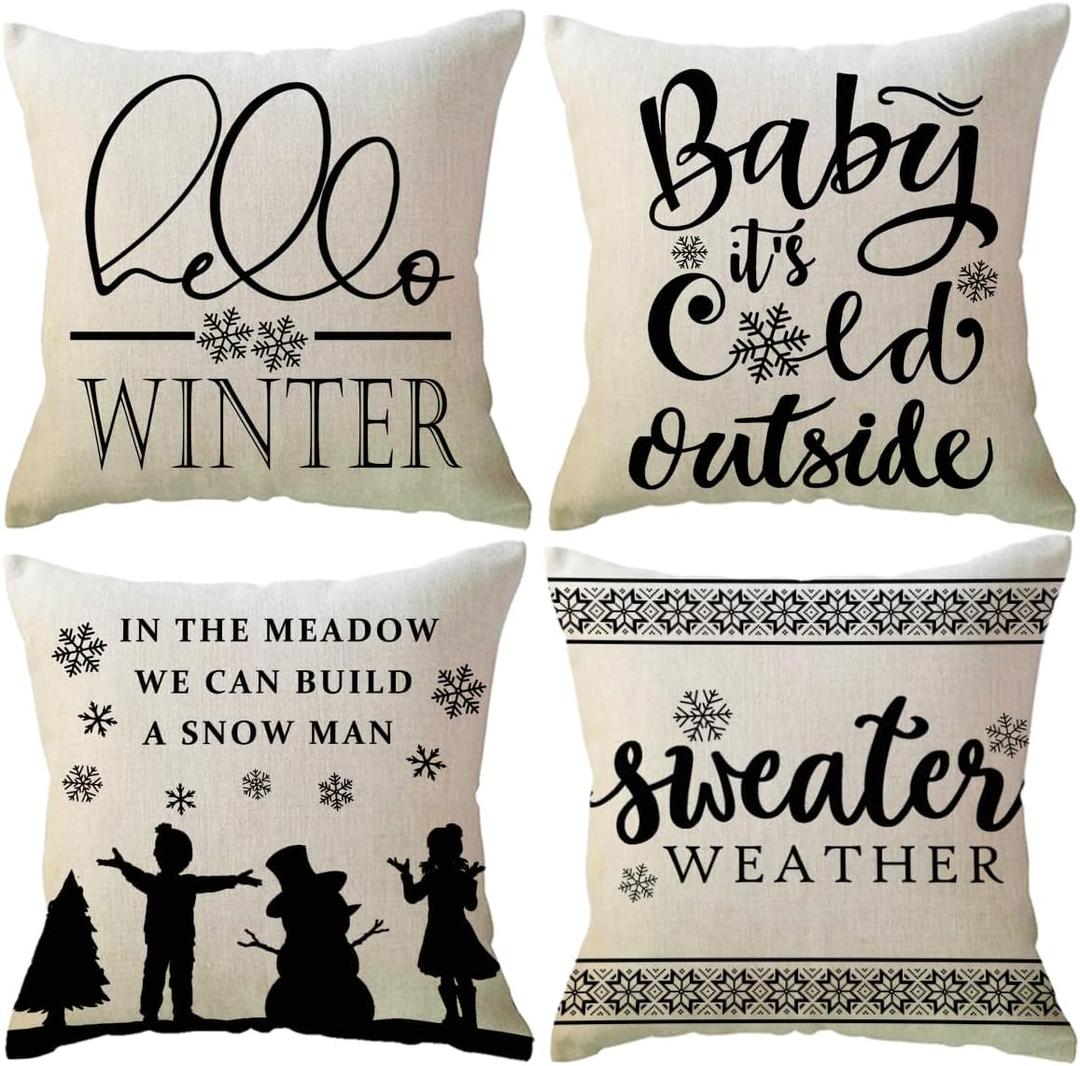 ULOVE LOVE YOURSELF 4Pack Hello Winter Throw Pillow Cover Sweater Weather/Snowflake Christmas Decor Pillowcases Winter Holiday Decorative Cushion Covers for Sofa/Couch/Porch (Beige)