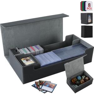 Trading Card Storage Box, 2200+ MTG Deck Box Leather Magnetic Closure Commander Deck Box, Holds 5 Small Deck Boxes, Includes 1 Small Box, 8 Dividers, 1 Foam Stopper, 1 Toploader, Black/Grey
