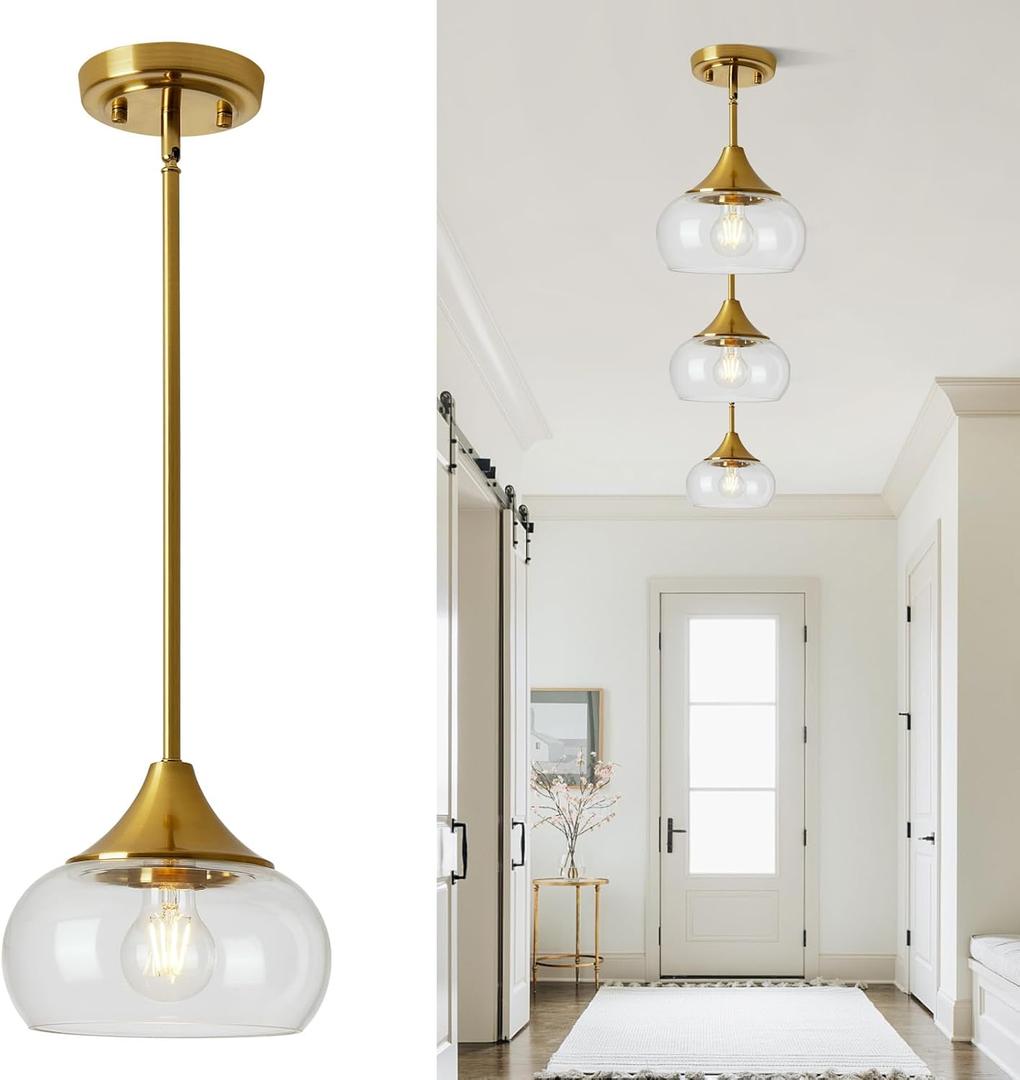 Modern Pendant Lights for Kitchen Island, Gold Pendant Light Fixtures with 8.5" Clear Glass Shade, Industrial Hanging Pendant Lights Fixture for Kitchen Island Dining Room Bedroom Entryway 1 Pack