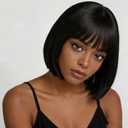 10 Inch Short Bob Wig with Bangs Synthetic Black Bob Wig for Women Natural Looking Heat Resistant Wig for Daily Party Cosplay