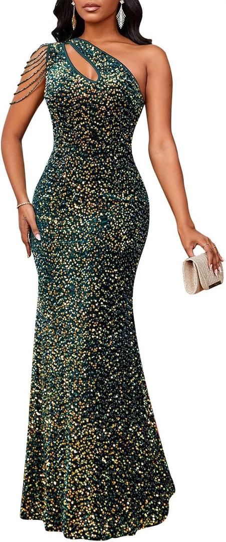 Cololura Women Sequin Elegant Sexy One Shoulder Tassel Mermaid Bodycon Cocktail Evening Dress (Green, XL)