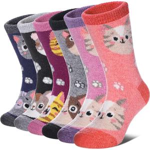 MQELONG Wool Socks for Kids Boys Girls Winter Warm Wool Hiking Thick Boot Cozy Crew Socks 6 Pairs (6 Pairs Footprint Cat, 4-7 Years)