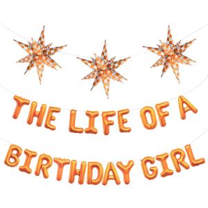 The Life of A Birthday Girl Balloons Banner Bright Orange Checkered Gingham Burst/Explosion Star Foil Balloons in My Music Era Singer Theme Decor Happy Birthday Party Decorations Supplies for Girl