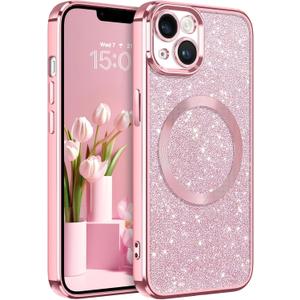DOMAVER for iPhone 14 Case with Magnetic [Compatible with MagSafe] Luxury Clear Glitter Bling Shockproof Protective Cover Full Camera Lens Protector Women Girls- Pink
