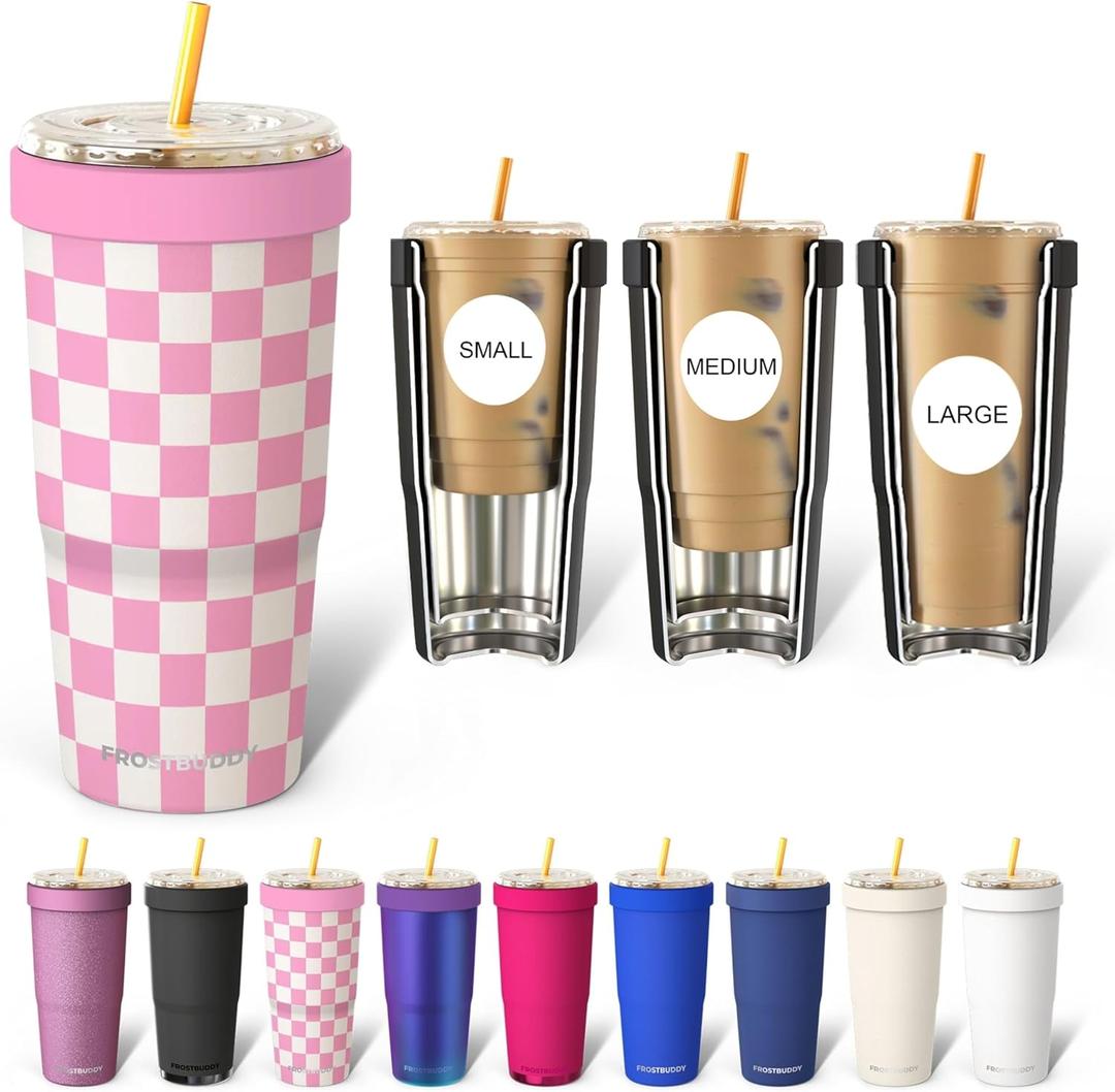 Frost Buddy Togo Buddy 30 oz Stainless Steel Vacuum Insulated Tumbler To Go Coffee Cup  Iced Coffee Cups, Iced Coffee Sleeve, Travel Mug, Thermal Cup for Hot & Cold Drinks Dunkin Cup (Pink Checkered)