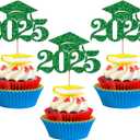 Graduation Decorations 2025-24Pcs Green Glitter 2025 Graduation Cap Cupcake Toppers for Class of 2025 Party Decorations
