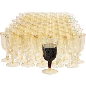 MATANA 100 Plastic Wine Glasses, Gold Glitter 6oz - Gold Wine Glasses, Plastic Wine Cups - Elegant, Sturdy & Reusable Plastic Goblets for Cocktail Parties, Wine Tasting, Weddings, Bridal Shower