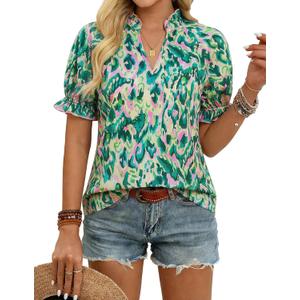 GRACE KARIN Womens Boho Tops Summer Spring Cotton Floral Blouses Short Sleeve Print Shirts V Neck Beach Vacation Clothes 2026 (XXL)