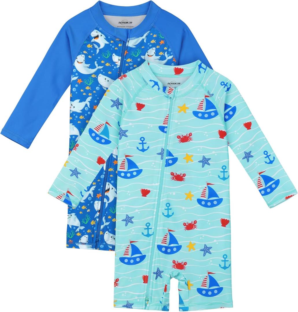 2 Pack Baby Toddler Boys Swimsuits UPF 50+ Sun Protection Long-Sleeve Rash Guards Baby Dry Fit Bathing Suit with Zip (3-6 Months, Shark, Sailboat)