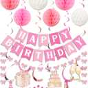 Ouddy Life Pink Birthday Decorations for Girls Women, Pink White Happy Birthday Banner with Hanging Swirls Streamers, Honeycomb Balls Paper Pompoms, Glitter Bow Garland for Party Supplies
