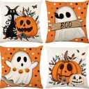 Halloween Pillow Covers 16 x 16 Inch Set of 4 Orange Polka Dots Pumpkins Boo Black Cat Ghost Throw Pillow Covers Indoor Outdoor Decorative Pillow Case for Sofa Couch Bed Living Room Decor