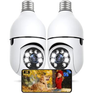 Light Bulb Security Camera 2 Packs, 5G&2.4GHz 2K Security Cameras Wireless Outdoor 360 PTZ Cameras for Home Security with Color Night Vision, 2 Way Talk, AI Human Detection, Screw in Light Socket (White)